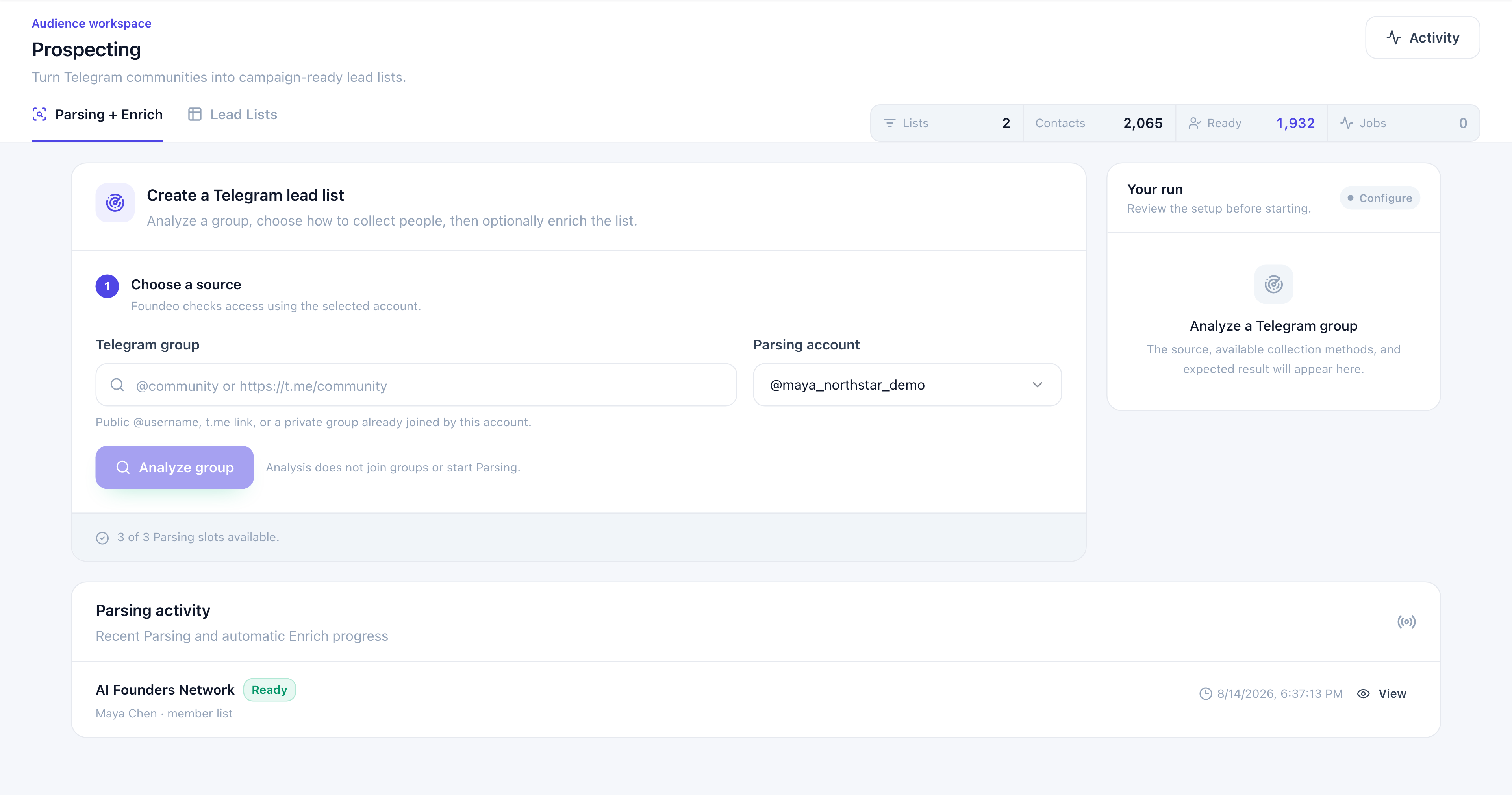 Current Foundeo prospecting workspace for creating a Telegram lead list and tracking parsing activity