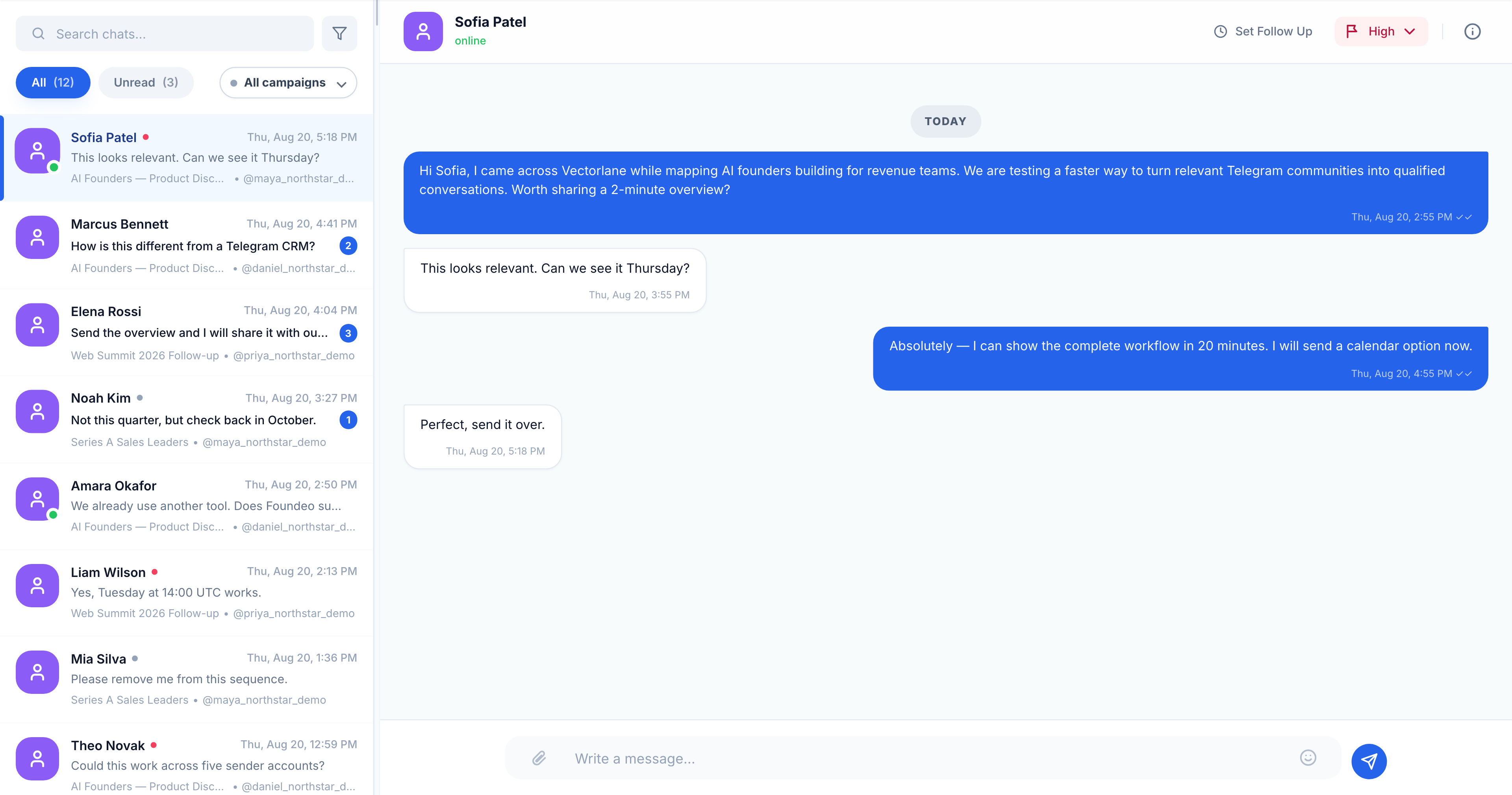 Current Foundeo inbox with campaign conversations and an open Telegram reply thread